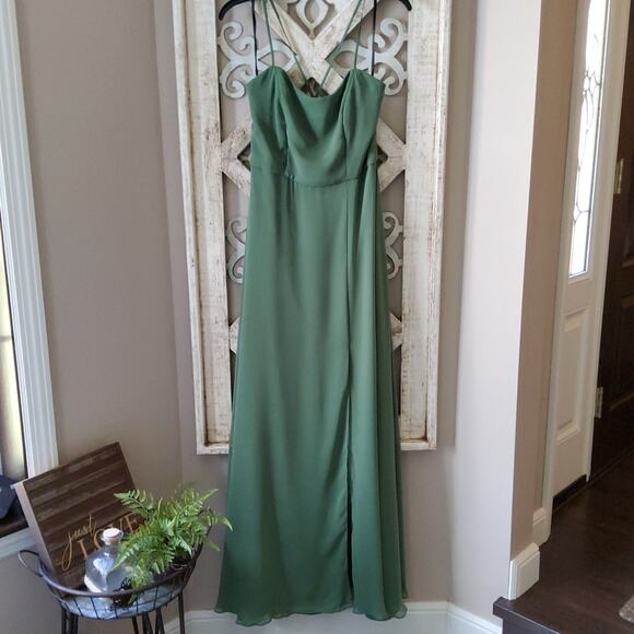 After Six Convertible Tie Evening Gown A-line Side Slit Vineyard Green - Picture 2 of 6